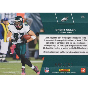 Brent Celek 2011 Panini Prestige Prestigious Pros Red Materials Card #5 /250 Brent Celek 2011 Panini Prestige Prestigious Pros Red Materials Card #5 /250