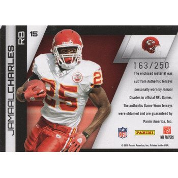 Jamaal Charles 2010 Panini Gridiron Gear Gamebreakers Materials Card #15 /250 Jamaal Charles 2010 Panini Gridiron Gear Gamebreakers Materials Card #15 /250