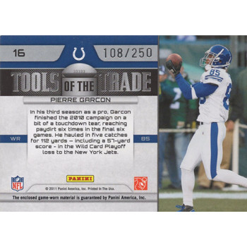 Pierre Garcon 2011 Absolute Memorabilia Tools of the Trade Materials Card #16 Pierre Garcon 2011 Absolute Memorabilia Tools of the Trade Materials Card #16