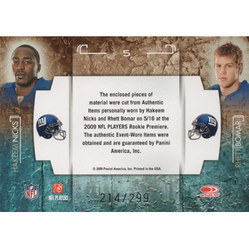 Hakeem Nicks & Rhett Bomar 2009 Rookies Stars Studio Rookies Combos Card #5 /299 Hakeem Nicks & Rhett Bomar 2009 Rookies Stars Studio Rookies Combos Card #5 /299