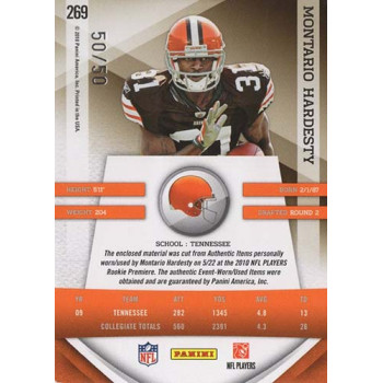 Montario Hardesty 2010 Gridiron Gear Rookie Gems Trio Card #269 /50