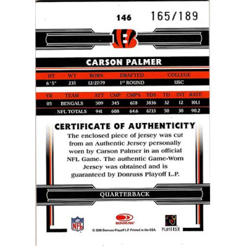 Carson Palmer Cincinnati Bengals 2006 Donruss Threads Jersey Card #146 /189