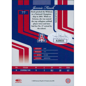 Jennie Finch Signed 2007 Donruss Elite Extra Edition Card #77 JSA Authenticated Jennie Finch Signed 2007 Donruss Elite Extra Edition Card #77 JSA Authenticated