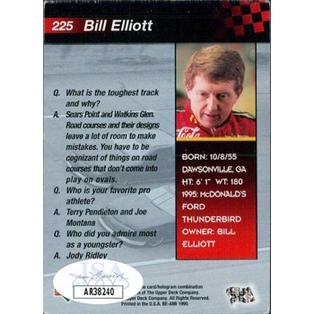 Bill Elliott NASCAR Racer Signed 1995 Upper Deck Card #225 JSA Authenticated Bill Elliott NASCAR Racer Signed 1995 Upper Deck Card #225 JSA Authenticated