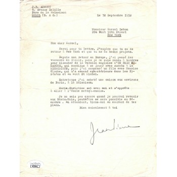 Jean-Pierre Aumont Actor Signed 8x10.5 Typed Letter JSA Authenticated