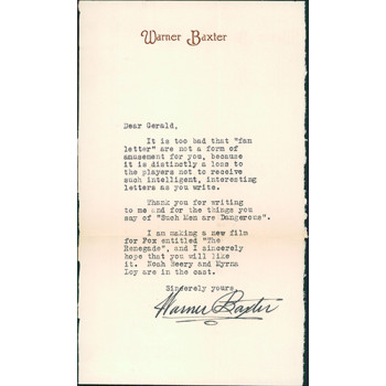 Warner Baxter Signed Typed Letter Fox's The Renegade JSA Authenticated
