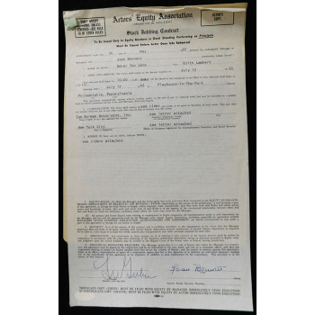Joan Bennett Actress Signed Typed Never Too Late Contract JSA Authenticated