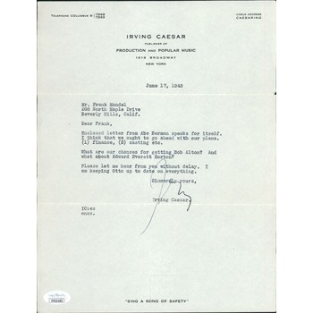 Irving Caesar Publisher Signed Typed Letter Personal Stationery JSA Authenticated Irving Caesar Publisher Signed Typed Letter Personal Stationery JSA Authenticated