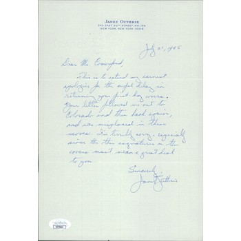 Janet Guthrie Signed 7x10.5 Hand Written Letter Note JSA Authenticated