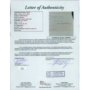 Herbert Hoover President Signed Typed Personal Letter JSA Authenticated