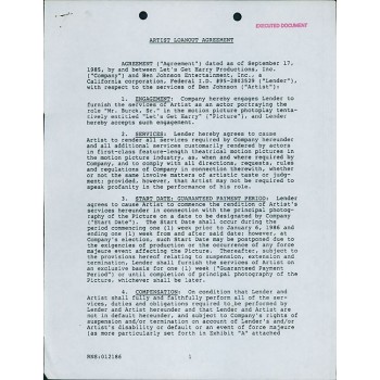 Ben Johnson Signed Typed Artist Loanout Agreement Contract JSA Authenticated Ben Johnson Signed Typed Artist Loanout Agreement Contract JSA Authenticated