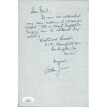 Allan Jones Actor Signed 6x9 Hand Written Letter JSA Authenticated