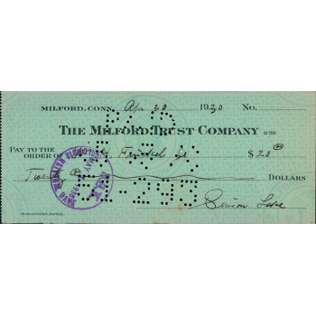 Simon Lake Submarine Inventor Signed Cancelled Check JSA Authenticated