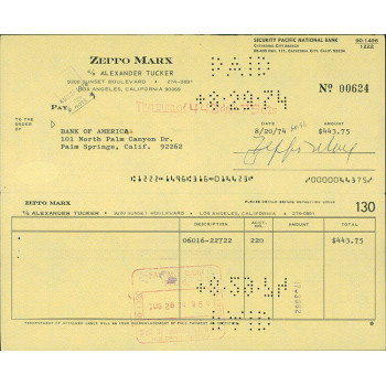Zeppo Marx Signed Original Yellow Bank Check With Memo Page JSA Authenticated Zeppo Marx Signed Original Yellow Bank Check With Memo Page JSA Authenticated