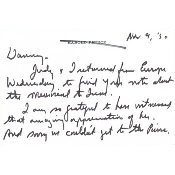 Harold "Hal" Prince Signed Written Letter Note on Card JSA Authenticated Harold "Hal" Prince Signed Written Letter Note on Card JSA Authenticated