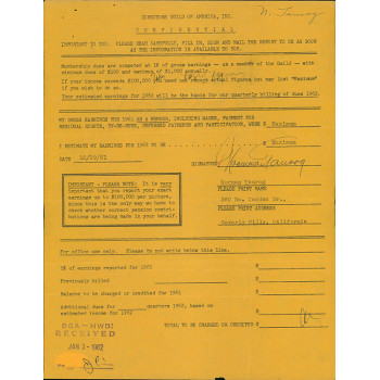 Norman Taurog Director Signed Directors Guild Of America Form JSA Authenticated
