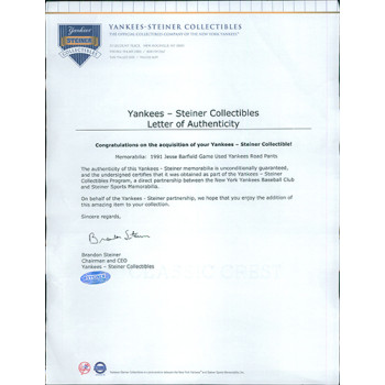 Jesse Barfield New York Yankees 1991 Game Used Road Pants Steiner Authenticated